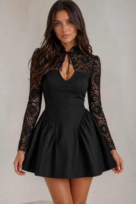 Rochie Scurta de Dama ,din Lycra , Accesorizata cu Dantela ,Sarah, Negru