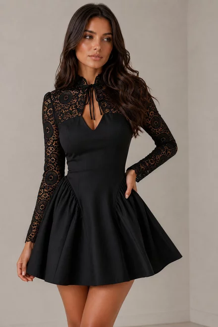 Rochie Scurta de Dama ,din Lycra , Accesorizata cu Dantela ,Sarah, Negru