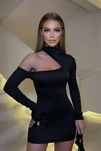 Rochie Scurta de Dama, din Lycra, cu Decupaj Umar, Sellecta, Neagra