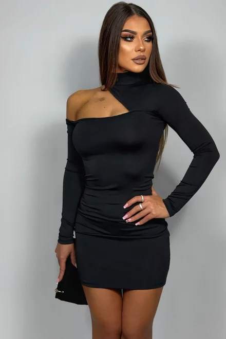 Rochie Scurta de Dama, din Lycra, cu Decupaj Umar, Sellecta, Neagra