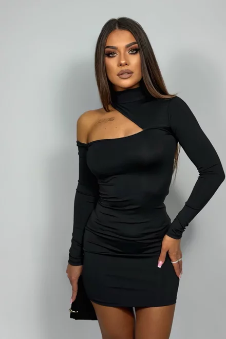 Rochie Scurta de Dama, din Lycra, cu Decupaj Umar, Sellecta, Neagra