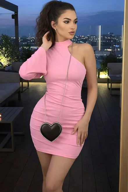 Rochie Scurta de Dama, din Lycra, cu Maneca Lunga Evazata, Grace, Roz