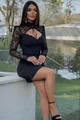 Rochie Scurta de Dama, din Lycra, cu Maneci din Dantela, Dallary, Neagra