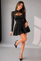 Rochie Scurta de Dama, din Lycra, cu Maneci din Dantela si Inchidere cu Siret la Gat, Anays, Negru