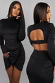Rochie Scurta de Dama, din Lycra, cu Maneci Lungi si Spate Gol, Efrym, Neagra