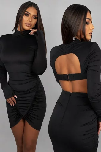 Rochie Scurta de Dama, din Lycra, cu Maneci Lungi si Spate Gol, Efrym, Neagra