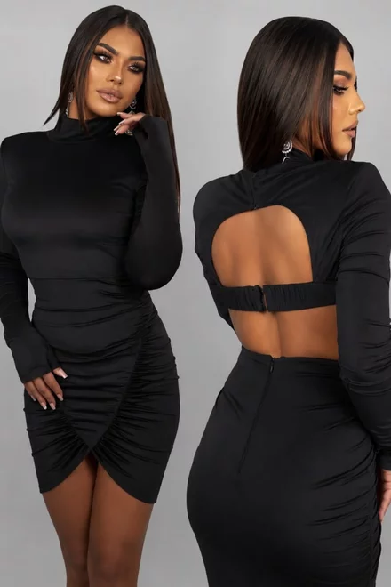Rochie Scurta de Dama, din Lycra, cu Maneci Lungi si Spate Gol, Efrym, Neagra