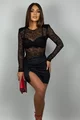 Rochie Scurta de Dama, din Lycra, cu Maneci Lungi si Top din Dantela, Myriam, Neagra
