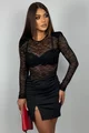 Rochie Scurta de Dama, din Lycra, cu Maneci Lungi si Top din Dantela, Myriam, Neagra