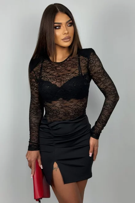 Rochie Scurta de Dama, din Lycra, cu Maneci Lungi si Top din Dantela, Myriam, Neagra