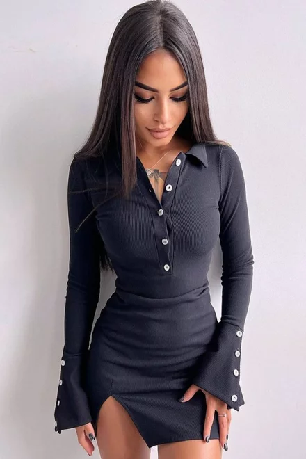 Rochie Scurta de Dama, din Lycra Premium, Crapata pe Picior si Maneci Lungi Tip Clopot, Velisse, Neagra