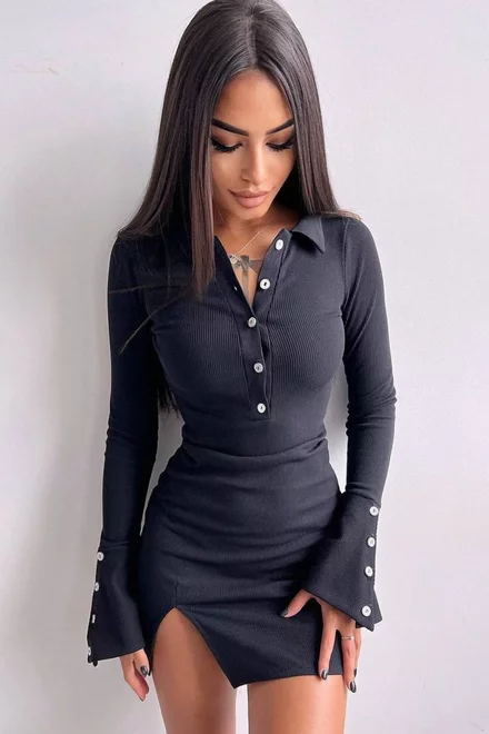 Rochie Scurta de Dama, din Lycra Premium, Crapata pe Picior si Maneci Lungi Tip Clopot, Velisse, Neagra