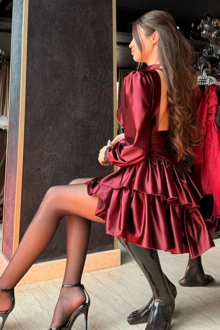 Rochie Scurta de Dama, din Lycra Satinat,cu Spatele gol, Teressa ,Burgundy