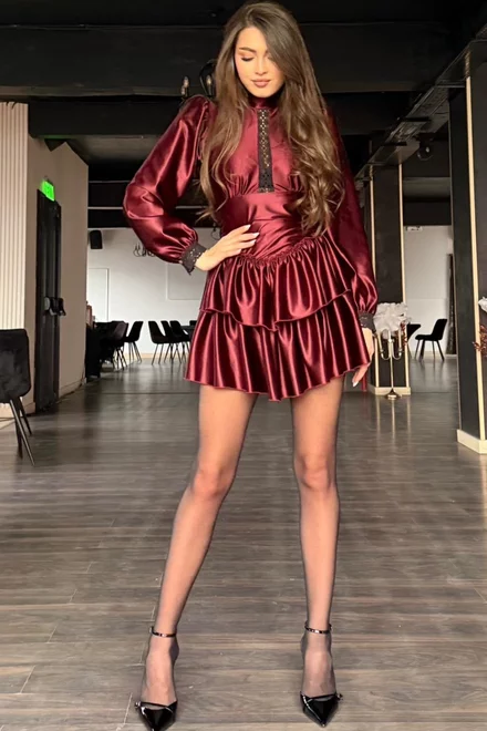 Rochie Scurta de Dama, din Lycra Satinat,cu Spatele gol, Teressa ,Burgundy