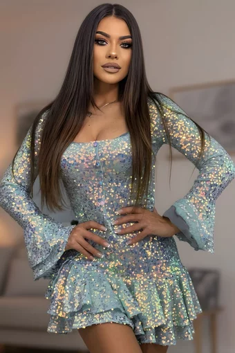 Rochie Scurta de Dama, din Paiete, cu Volane si Maneci Clopot, Glammo, Aqua