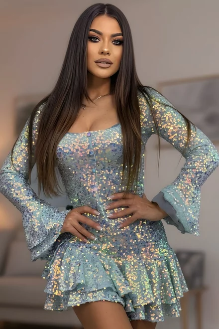 Rochie Scurta de Dama, din Paiete, cu Volane si Maneci Clopot, Glammo, Aqua