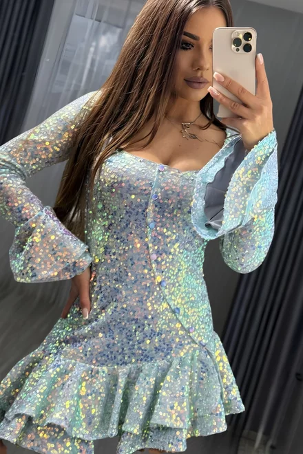 Rochie Scurta de Dama, din Paiete, cu Volane si Maneci Clopot, Glammo, Aqua