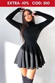 Rochie Scurta de Dama din Pulover, pe Gat, cu Degetar, Nyvora, Neagra