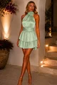 Rochie Scurta de Dama, din Satin, Accesorizata cu Floare, Elliane, Verde Fistic