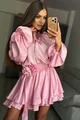 Rochie Scurta de Dama, din Satin , Accesorizata  cu Flori,Zehra, Roz