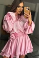 Rochie Scurta de Dama, din Satin , Accesorizata  cu Flori,Zehra, Roz