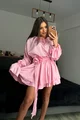 Rochie Scurta de Dama, din Satin , Accesorizata  cu Flori,Zehra, Roz