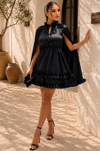 Rochie Scurta de Dama, din Satin, cu Maneci Crapate si Accesorizata cu Volane, Prestige, Neagra