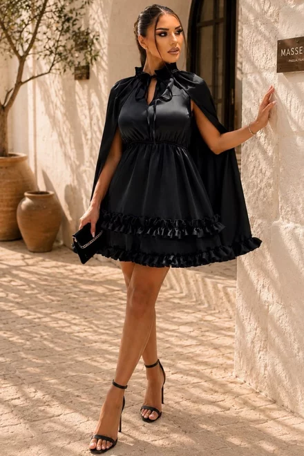 Rochie Scurta de Dama, din Satin, cu Maneci Crapate si Accesorizata cu Volane, Prestige, Neagra