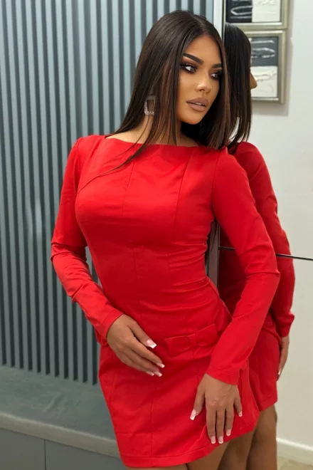 Rochie Scurta de Dama, din Satin, cu Maneci Lungi si Accesorizata cu Fundite, Valerrye, Rosie