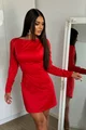 Rochie Scurta de Dama, din Satin, cu Maneci Lungi si Accesorizata cu Fundite, Valerrye, Rosie
