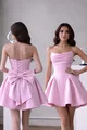 Rochie Scurta de Dama, din Satin, cu Siret Reglabil  si Accesorizata cu Funda la Spate, Elyanora, Roz