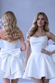 Rochie Scurta de Dama, din Satin, cu Siret Reglabil  si Accesorizata cu Funda Maxi la Spate, Purra, Alba