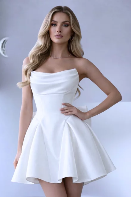 Rochie Scurta de Dama, din Satin, cu Siret Reglabil  si Accesorizata cu Funda Maxi la Spate, Purra, Ivoire