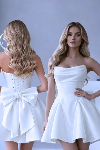 Rochie Scurta de Dama, din Satin, cu Siret Reglabil  si Accesorizata cu Funda Maxi la Spate, Purra, Ivoire