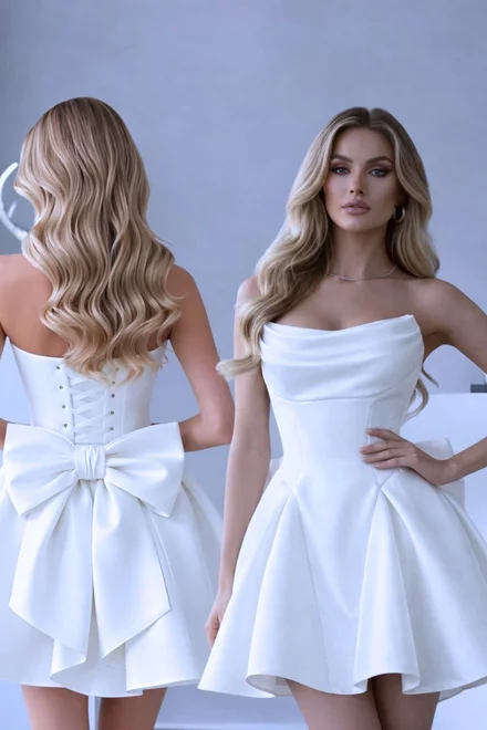 Rochie Scurta de Dama, din Satin, cu Siret Reglabil  si Accesorizata cu Funda Maxi la Spate, Purra, Ivoire