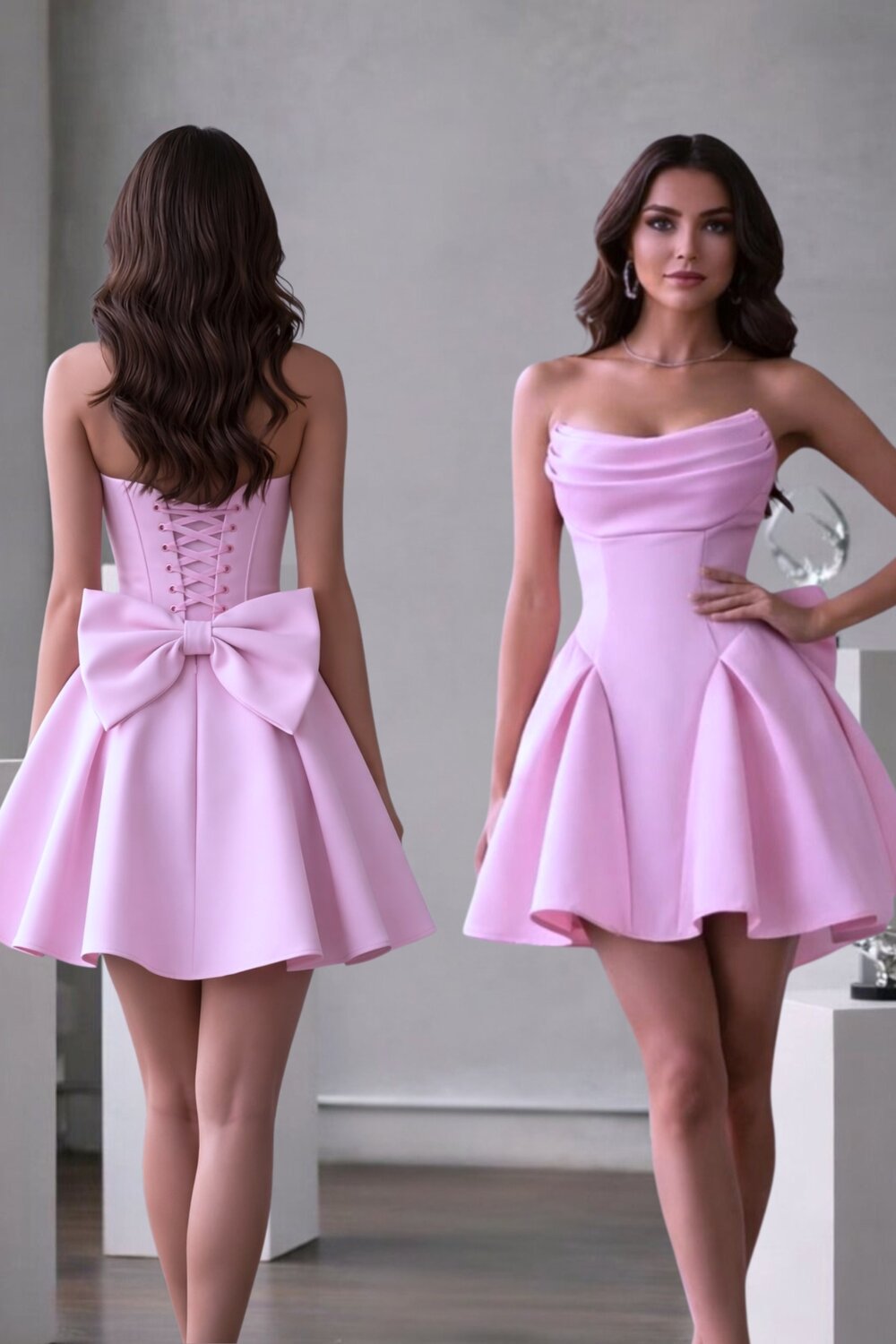 sutiene pt. rochii fara spate Rochie Scurta De Dama, Din Satin, Fara Maneci Si Accesorizata Cu Funda La Spate, Elyanora, Roz