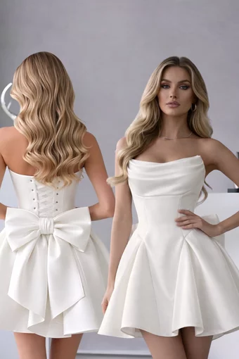 Rochie Scurta de Dama, din Satin, fara Maneci si Accesorizata cu Funda Maxi la Spate, Purra, Ivoire