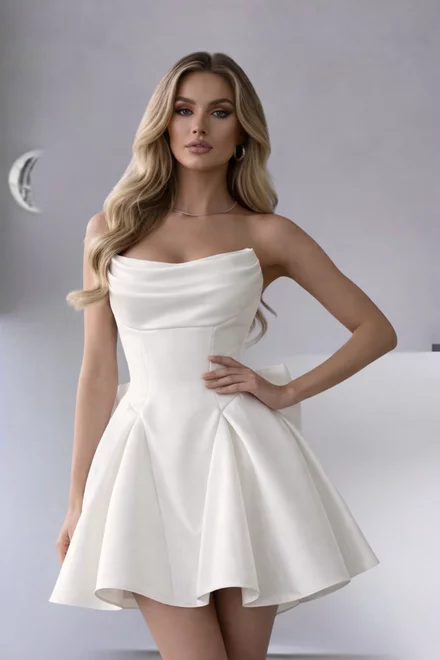Rochie Scurta de Dama, din Satin, fara Maneci si Accesorizata cu Funda Maxi la Spate, Purra, Ivoire