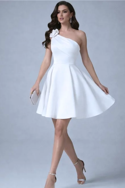Rochie Scurta de Dama, din Tafta, Accesorizata cu Floare, pe Umar, Evanya, Alba