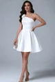 Rochie Scurta de Dama, din Tafta, Accesorizata cu Floare, pe Umar, Evanya, Alba