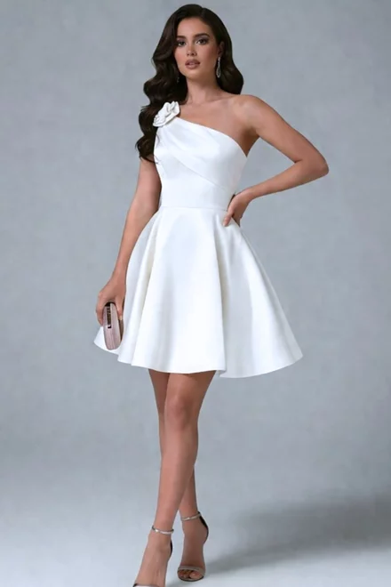 Rochie Scurta de Dama, din Tafta, Accesorizata cu Floare, pe Umar, Evanya, Alba