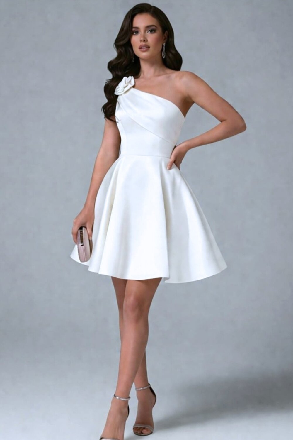 FOGGI Rochie Scurta De Dama, Din Tafta, Accesorizata Cu Floare, Pe Umar, Evanya, Alba