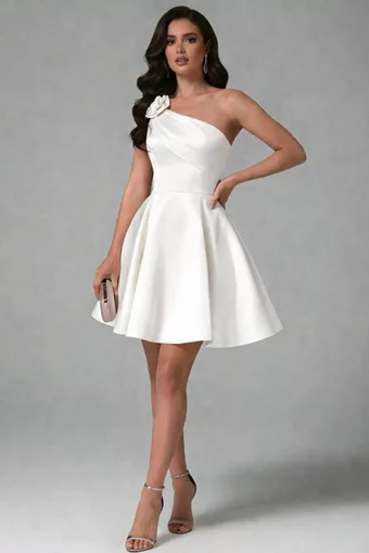 Rochie Scurta de Dama, din Tafta, Accesorizata cu Floare, pe Umar, Evanya, Ivoire