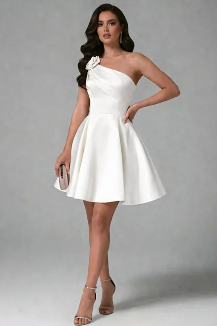 Rochie Scurta de Dama, din Tafta, Accesorizata cu Floare, pe Umar, Evanya, Ivoire