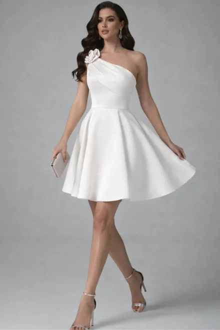 Rochie Scurta de Dama, din Tafta, Accesorizata cu Floare, pe Umar, Evanya, Ivoire