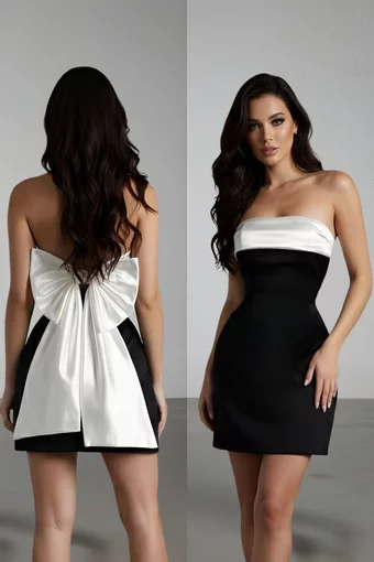 Rochie Scurta de Dama, din Tafta, Fara Maneci si Accesorizata cu Funda la Spate, Cannare, Alb-Negru