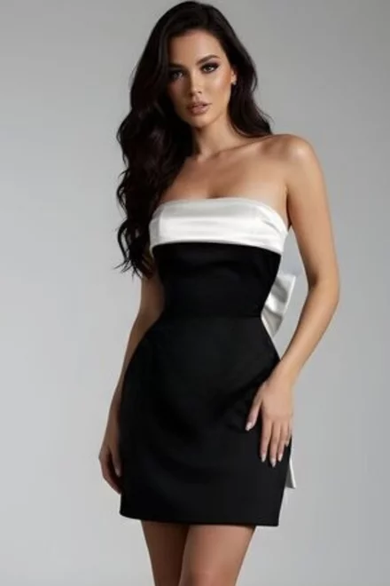 Rochie Scurta de Dama, din Tafta, Fara Maneci si Accesorizata cu Funda la Spate, Cannare, Alb-Negru