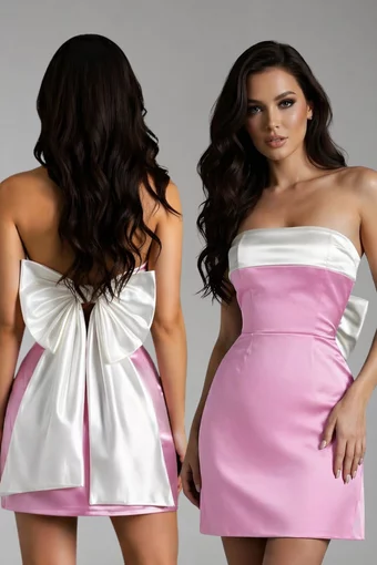 Rochie Scurta de Dama, din Tafta, Fara Maneci si Accesorizata  cu Funda Maxi, Hanelore, Roz