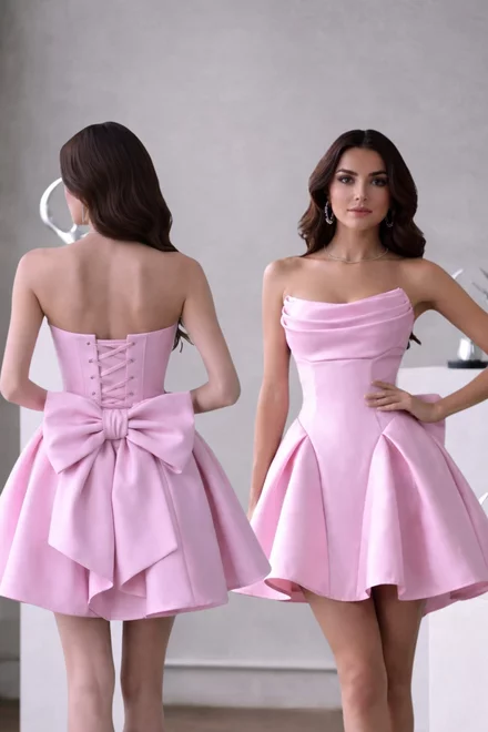 Rochie Scurta de Dama, din Tafta Lucioasa, cu Siret Reglabil  si Accesorizata cu Funda la Spate, Elyanora, Roz