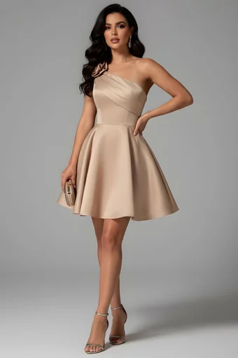 Rochie Scurta de Dama, din Tafta, pe Umar, Accesorizata cu Floare, Sally, Bej